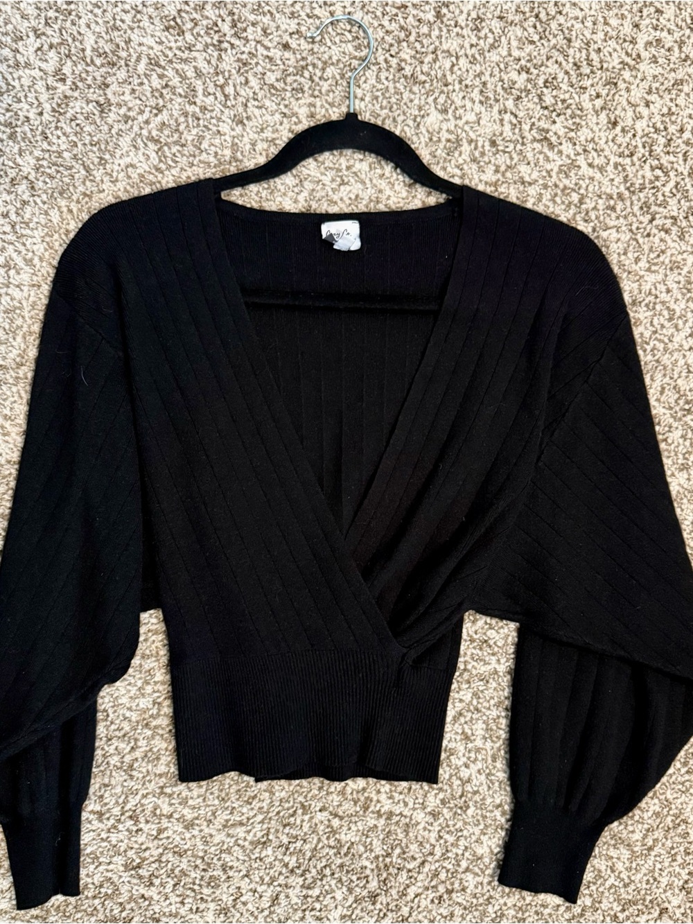 Black Ribbed V-Neck Wrap Sweater